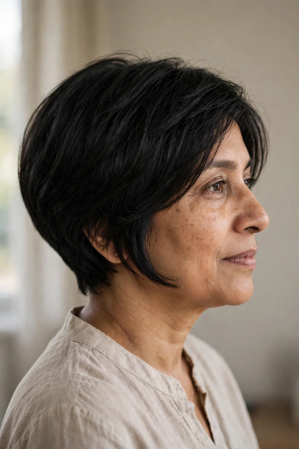 Soft A-line pixie bob with back shorter graduating to longer face framing front on black hair