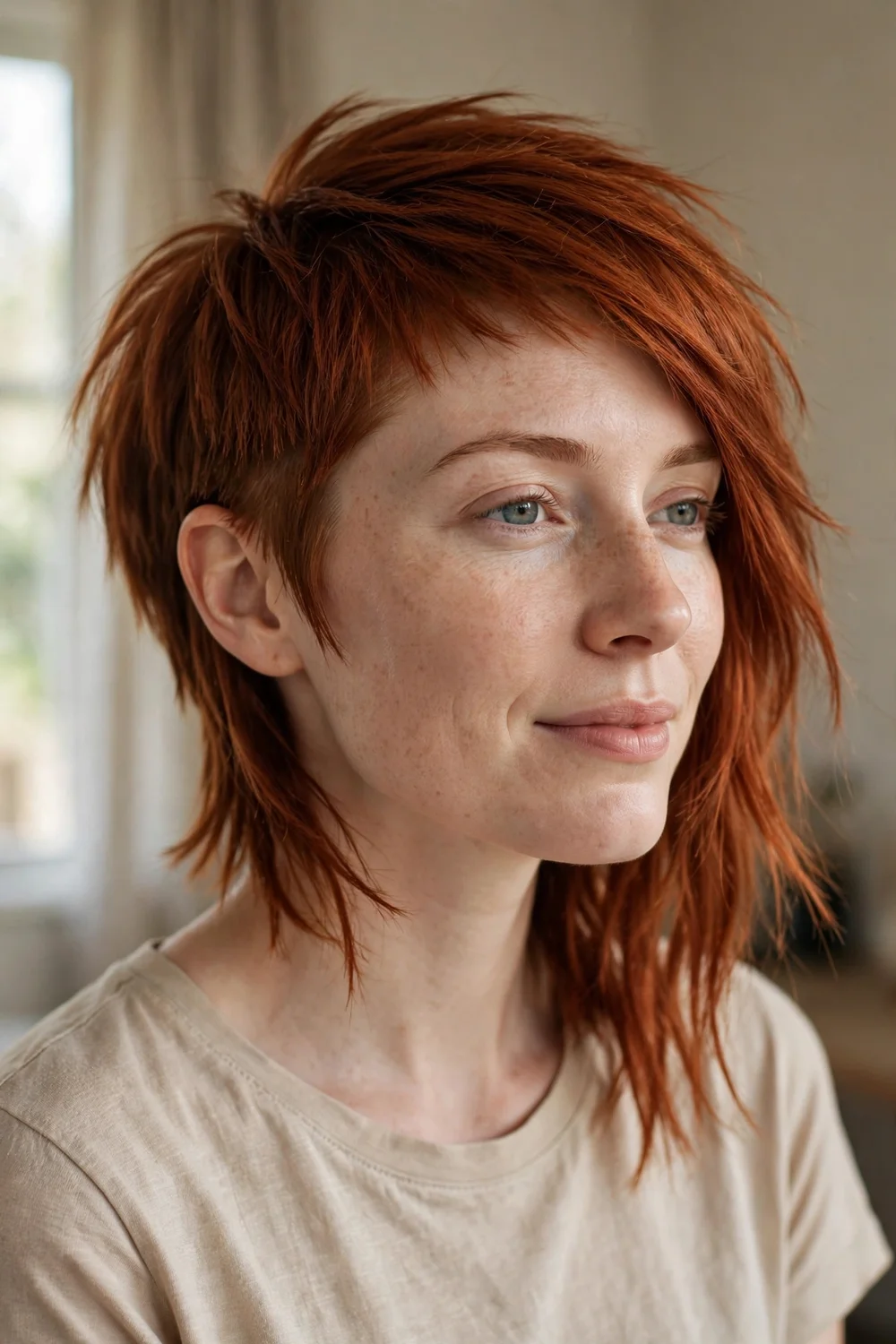 Asymmetrical pixie bob with one side longer in copper red hair