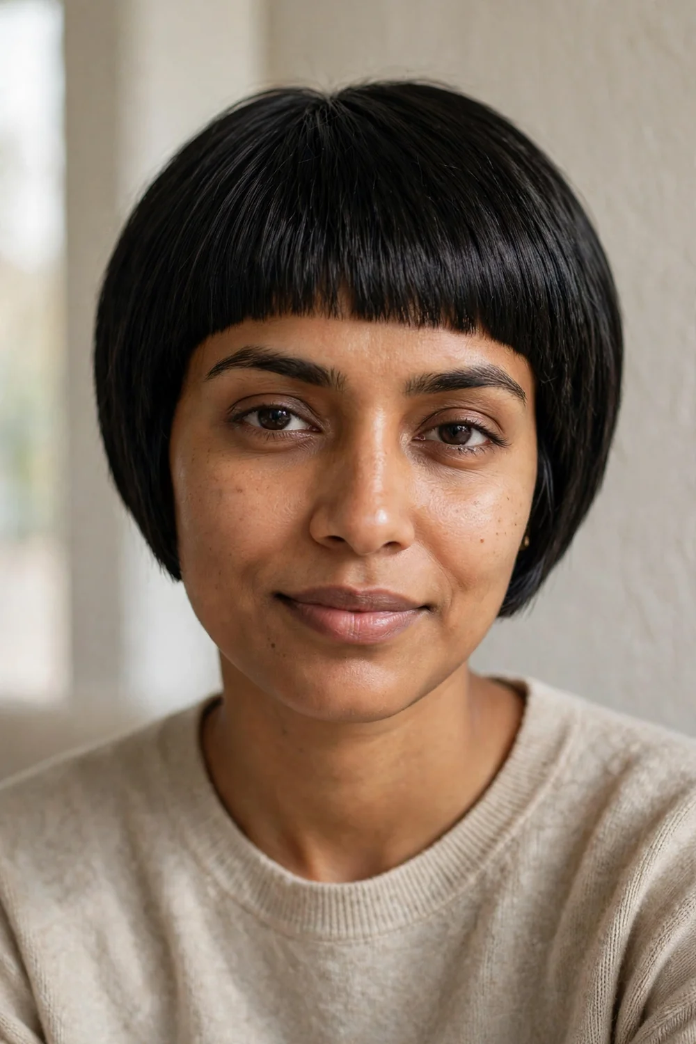 Blunt cut pixie bob with sharp clean ends and dense outline on black hair