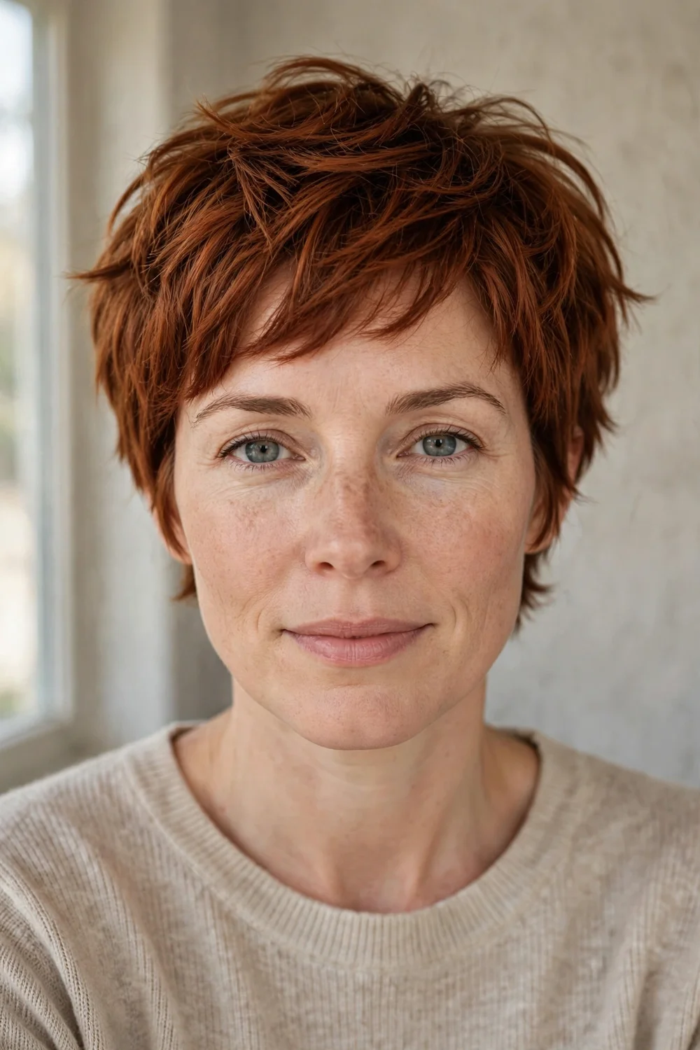 Cinnamon auburn piecey pixie bob with separated warm red textured pieces