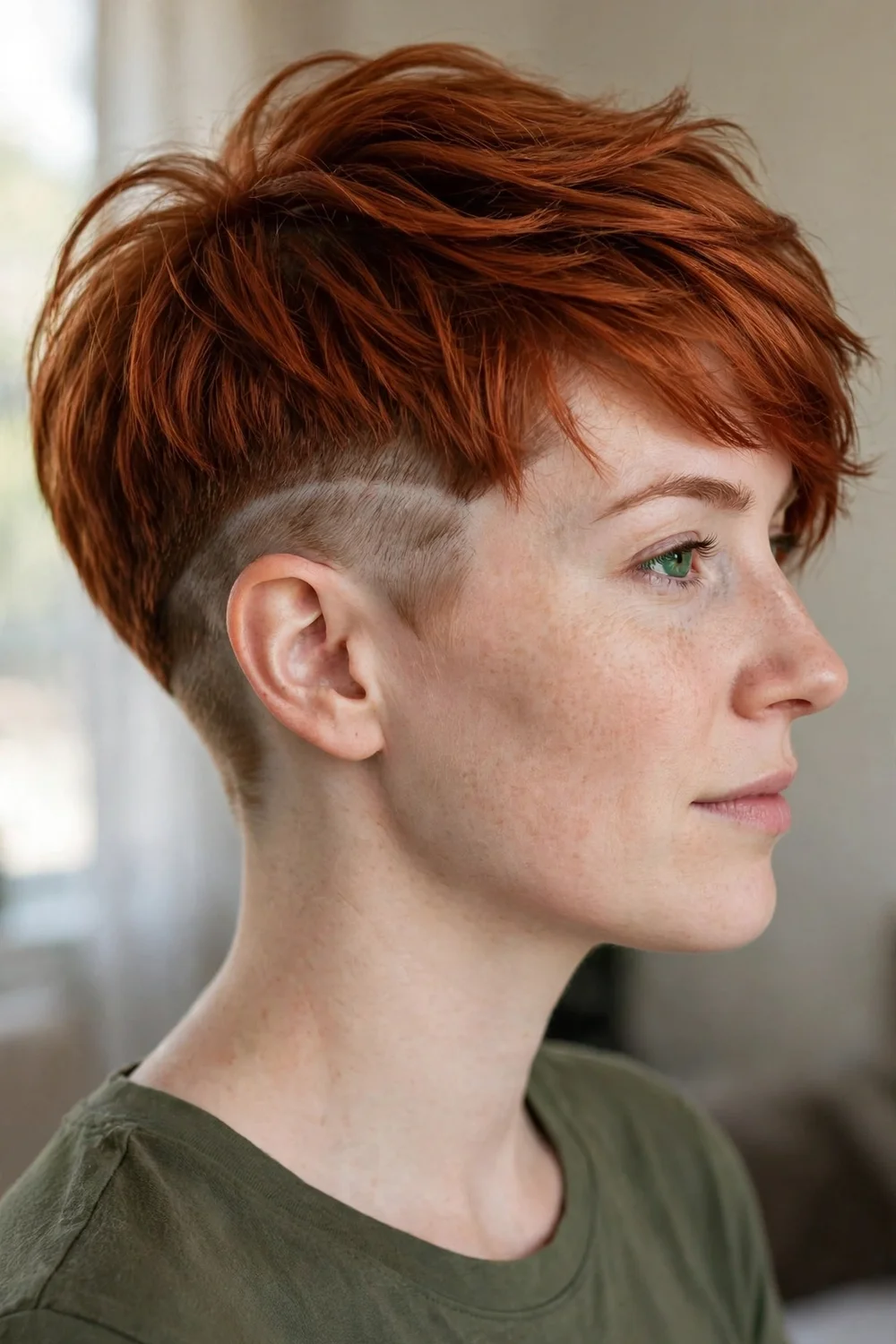 Edgy pixie bob with visible faded undercut on one side and long copper top