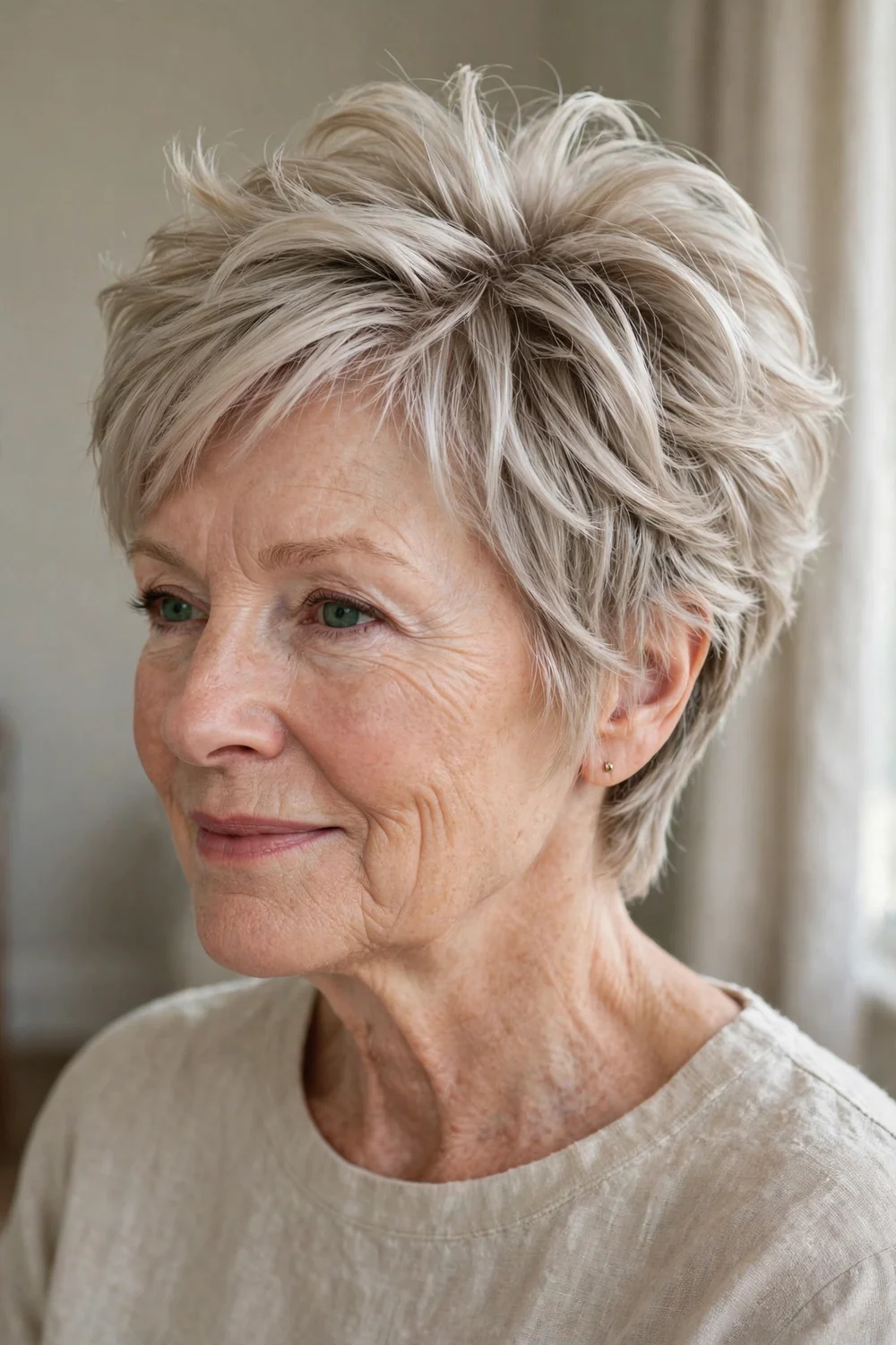 Feathered pixie bob with lifted airy layers at the crown in ash blonde