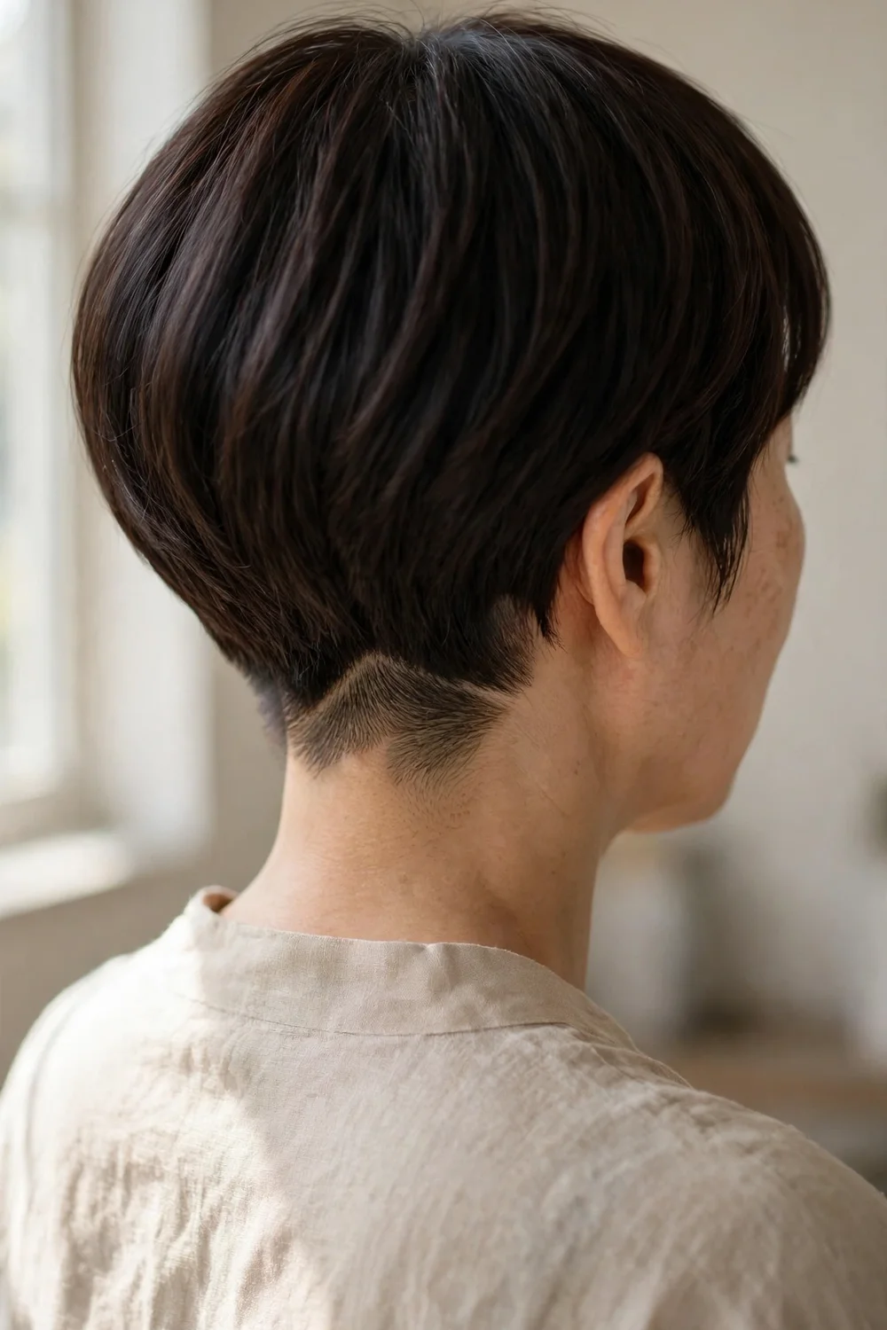 Sleek pixie bob with subtle hidden undercut at the nape on dark brown hair