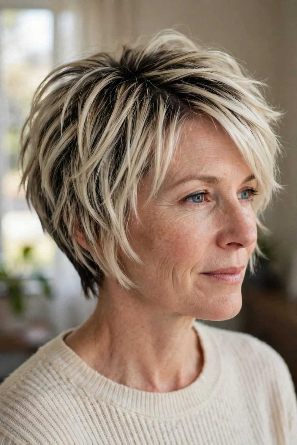 Icy blonde dimensional pixie bob with dark shadow roots and layered movement