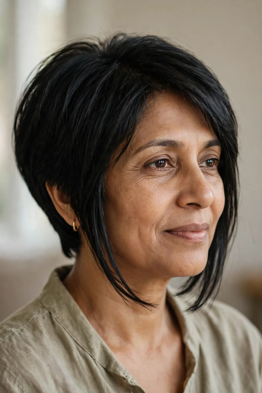 Long pixie bob with chin length front pieces and shorter rounded back on black hair