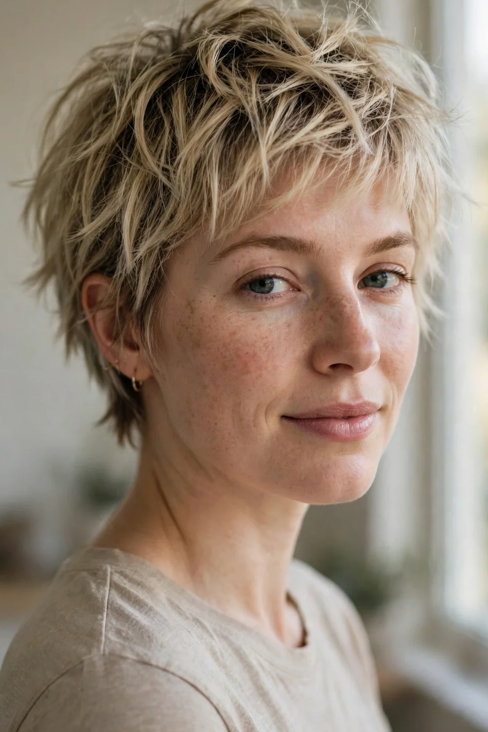 Messy pixie bob with casual tousled finger styled texture in dirty blonde hair