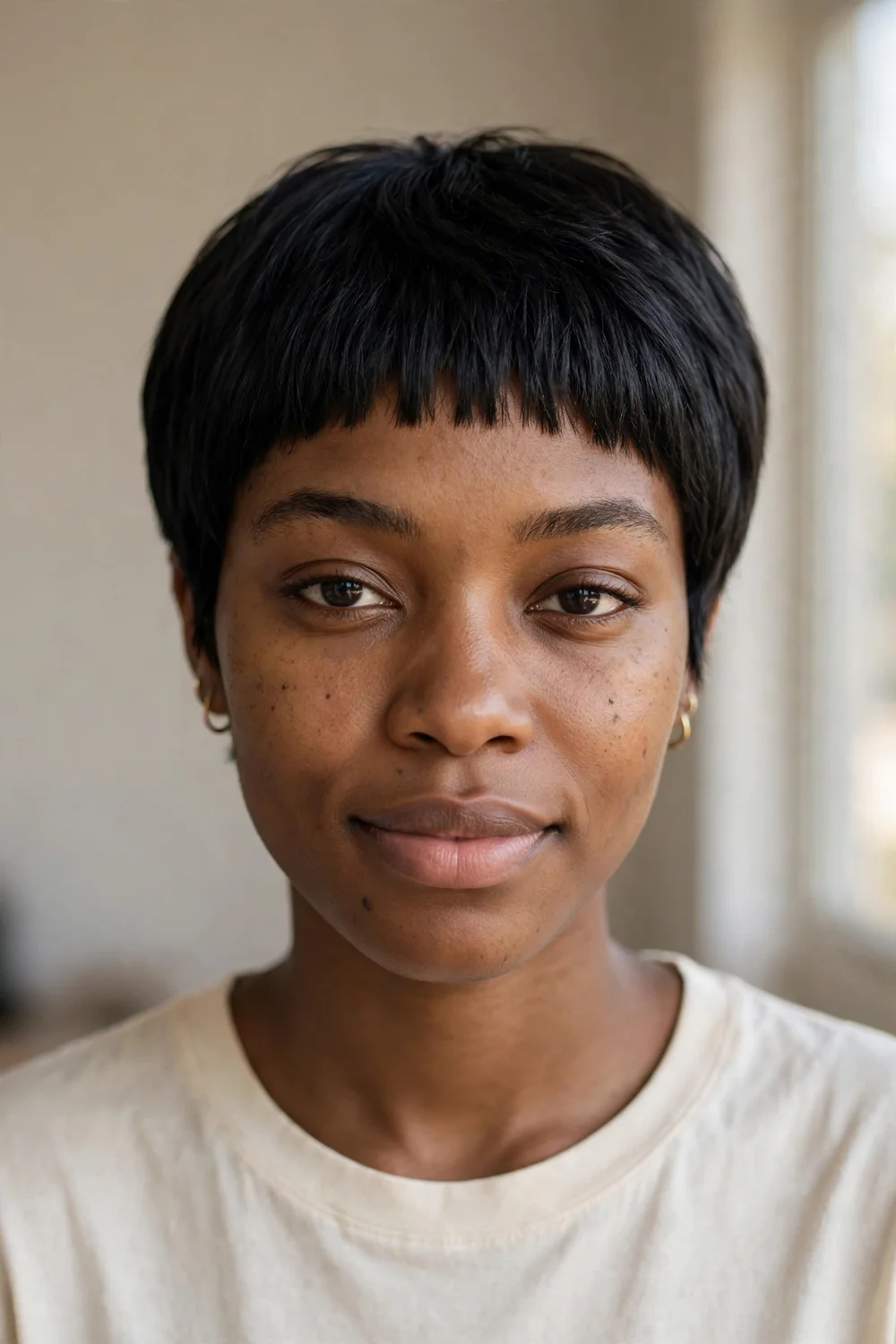 Pixie bob with very short micro fringe across the forehead on jet black hair