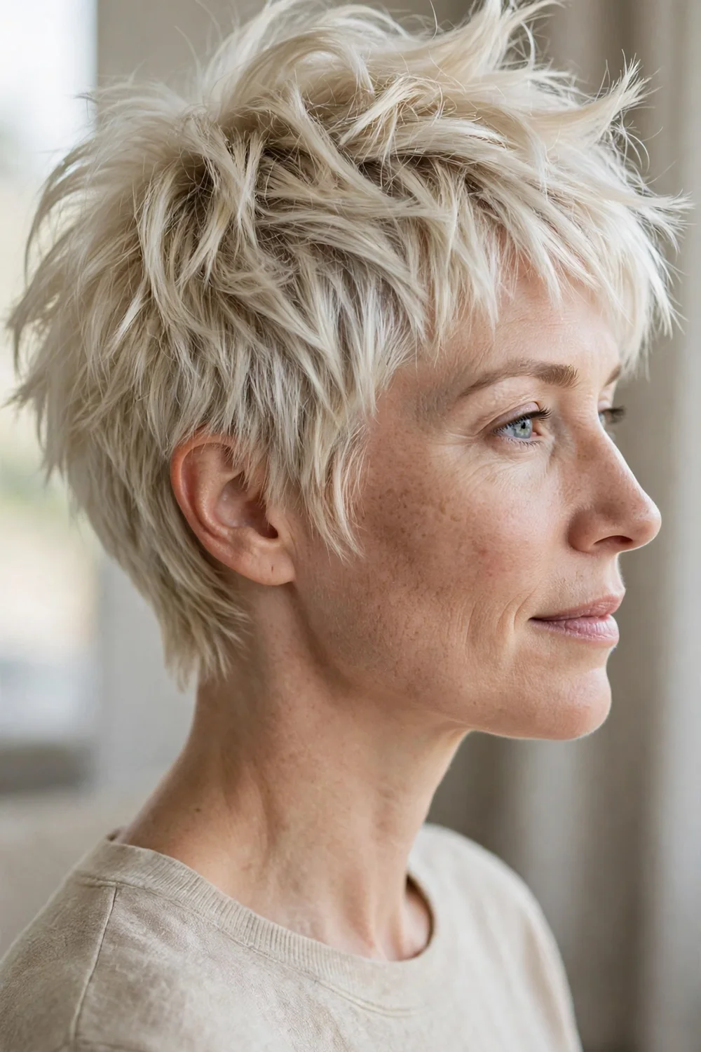 Platinum blonde feathered shag pixie bob with piecey kicked up layers