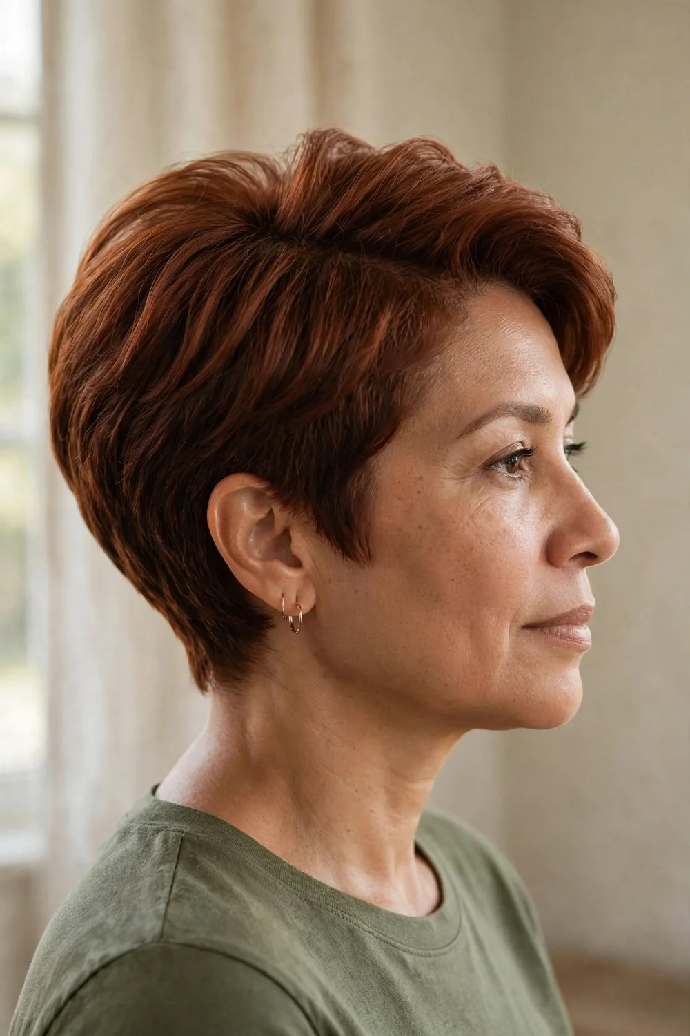 Rounded pixie bob with built-up crown volume and smooth sides in auburn hair
