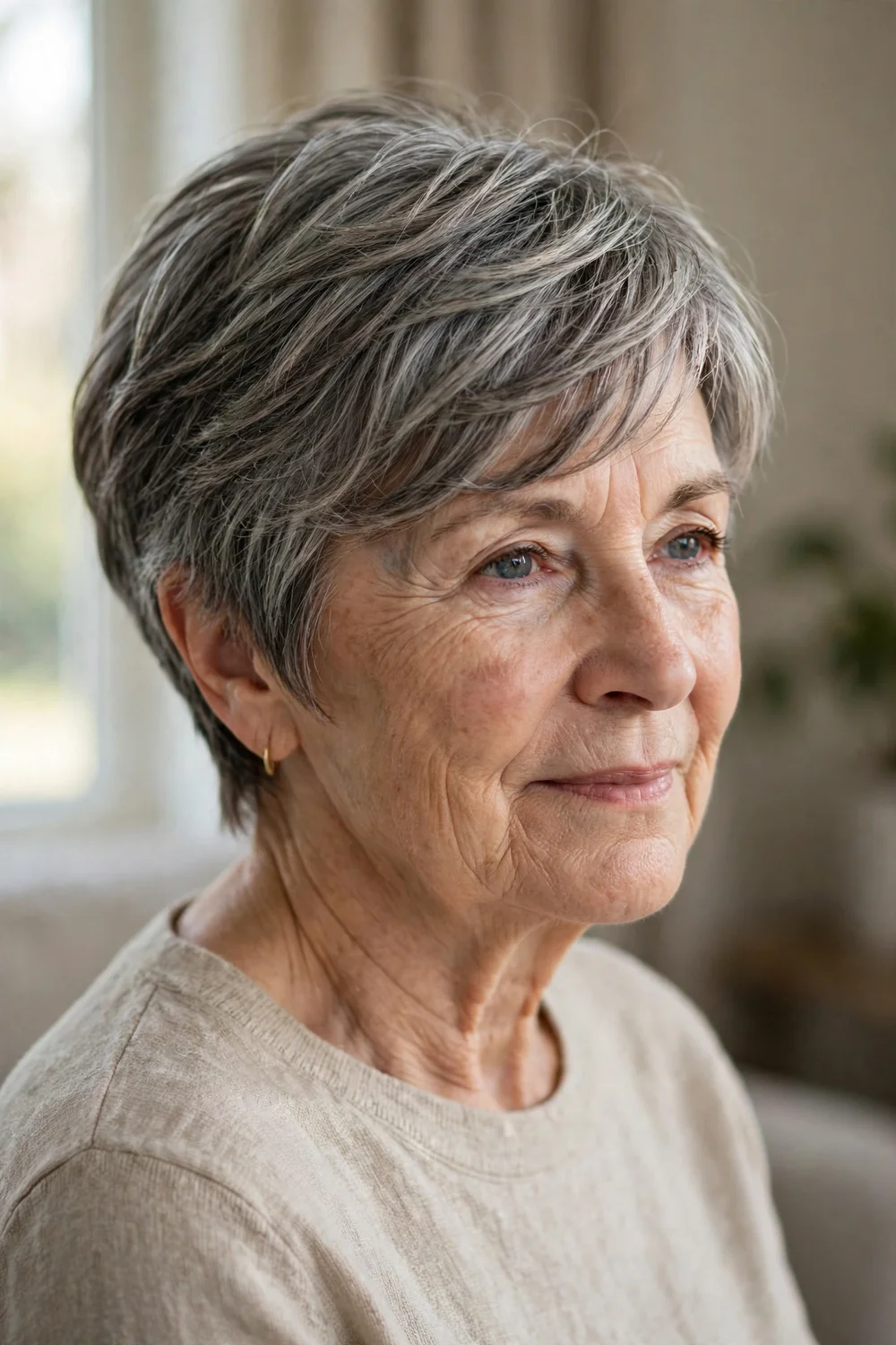 Salt and pepper gray swept pixie bob with soft layers on mature hair