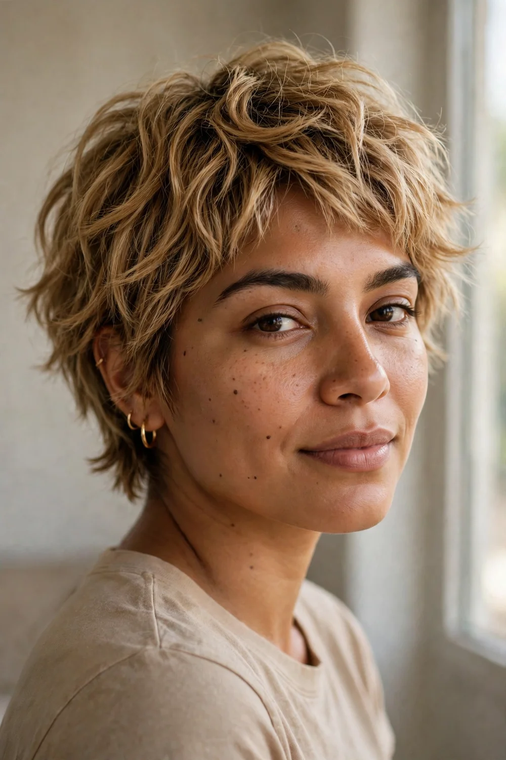 Shaggy pixie bob with soft broken choppy layers in tawny blonde hair