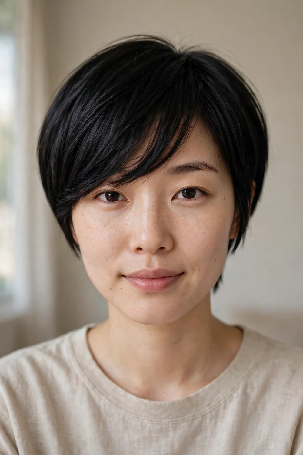 Pixie bob with long side swept fringe across the forehead on black hair