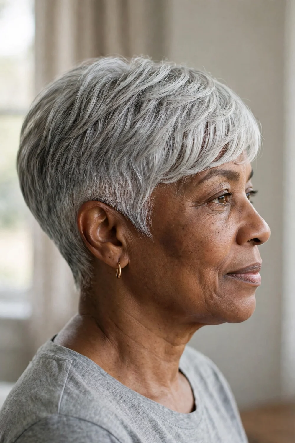 Silver tapered pixie bob with clean nape and fringe sweeping forward