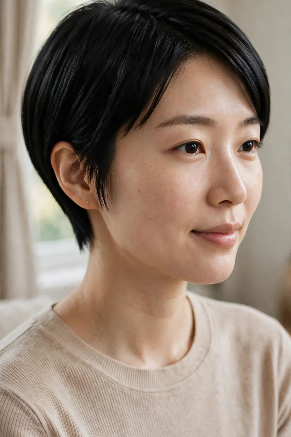Sleek straight pixie bob with glossy smooth finish on black hair
