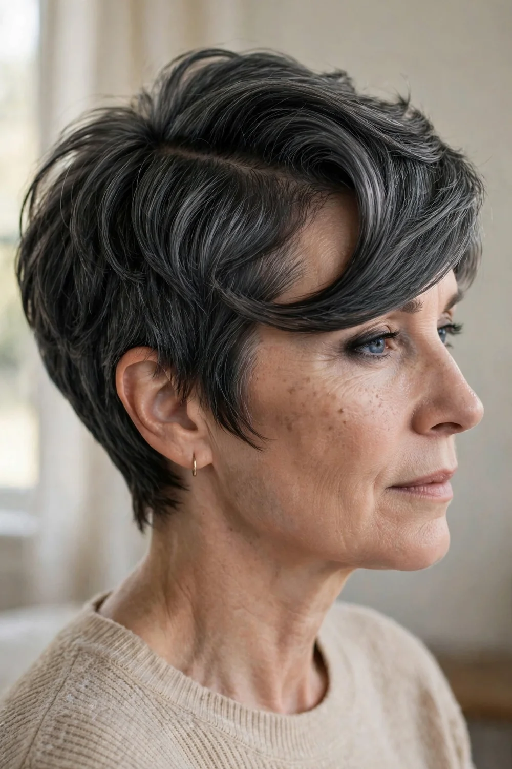 Pixie bob with deep side part in dark smoky graphite gray hair