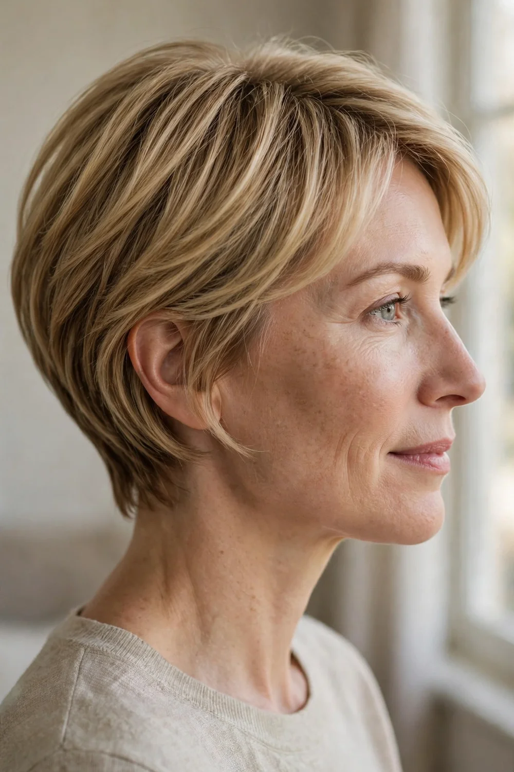 Softly layered pixie bob with smooth subtle layers in honey blonde