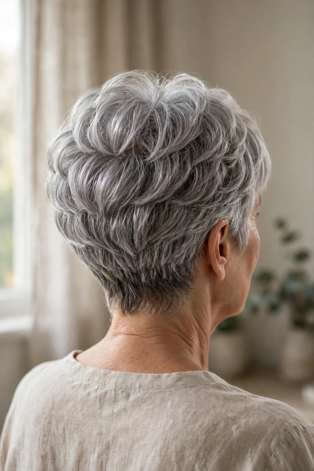 Pixie bob with stacked graduated back showing volume at the crown on silver hair