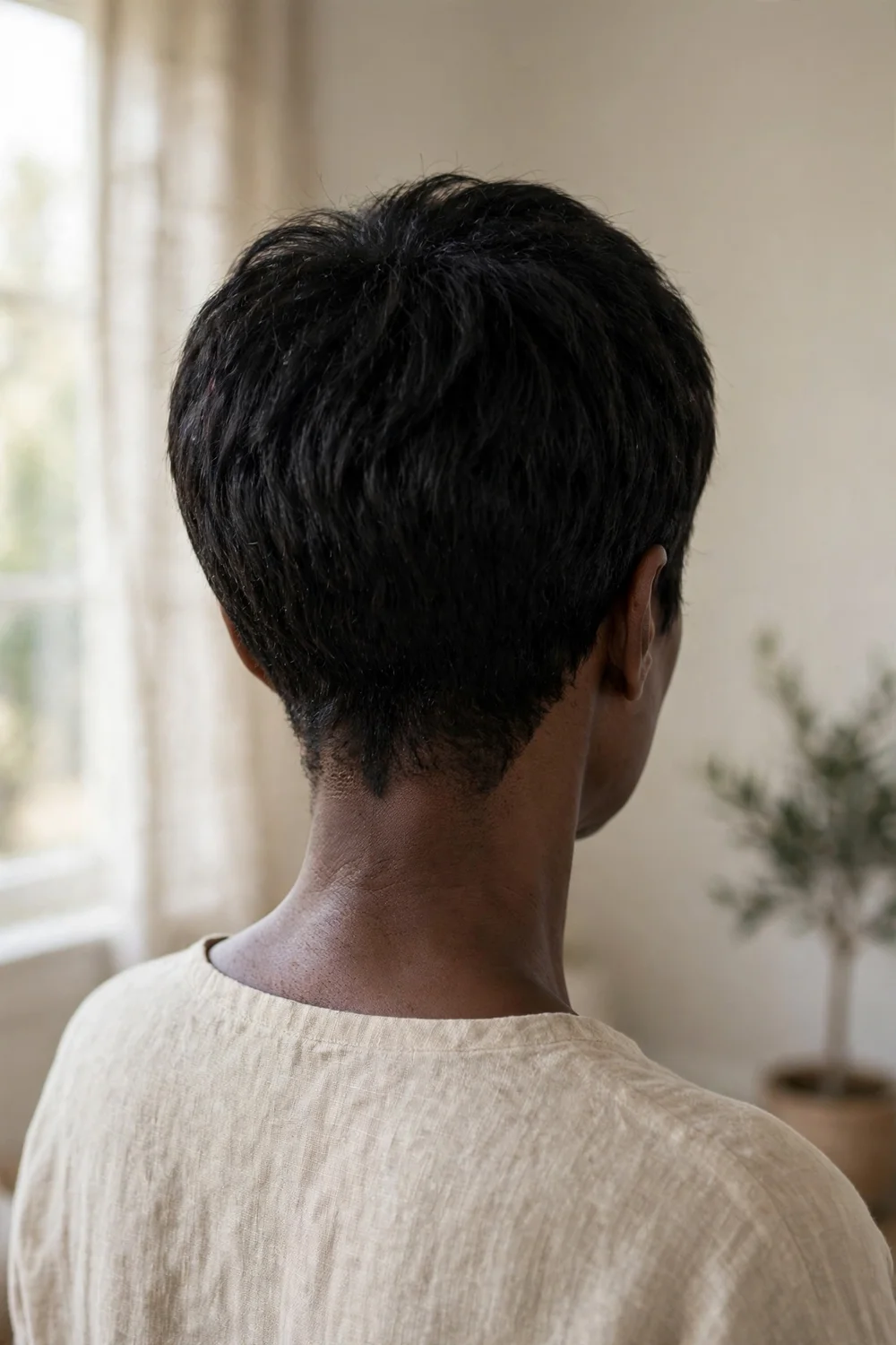 Pixie bob with clean tapered nape hugging the neck and full rounded crown