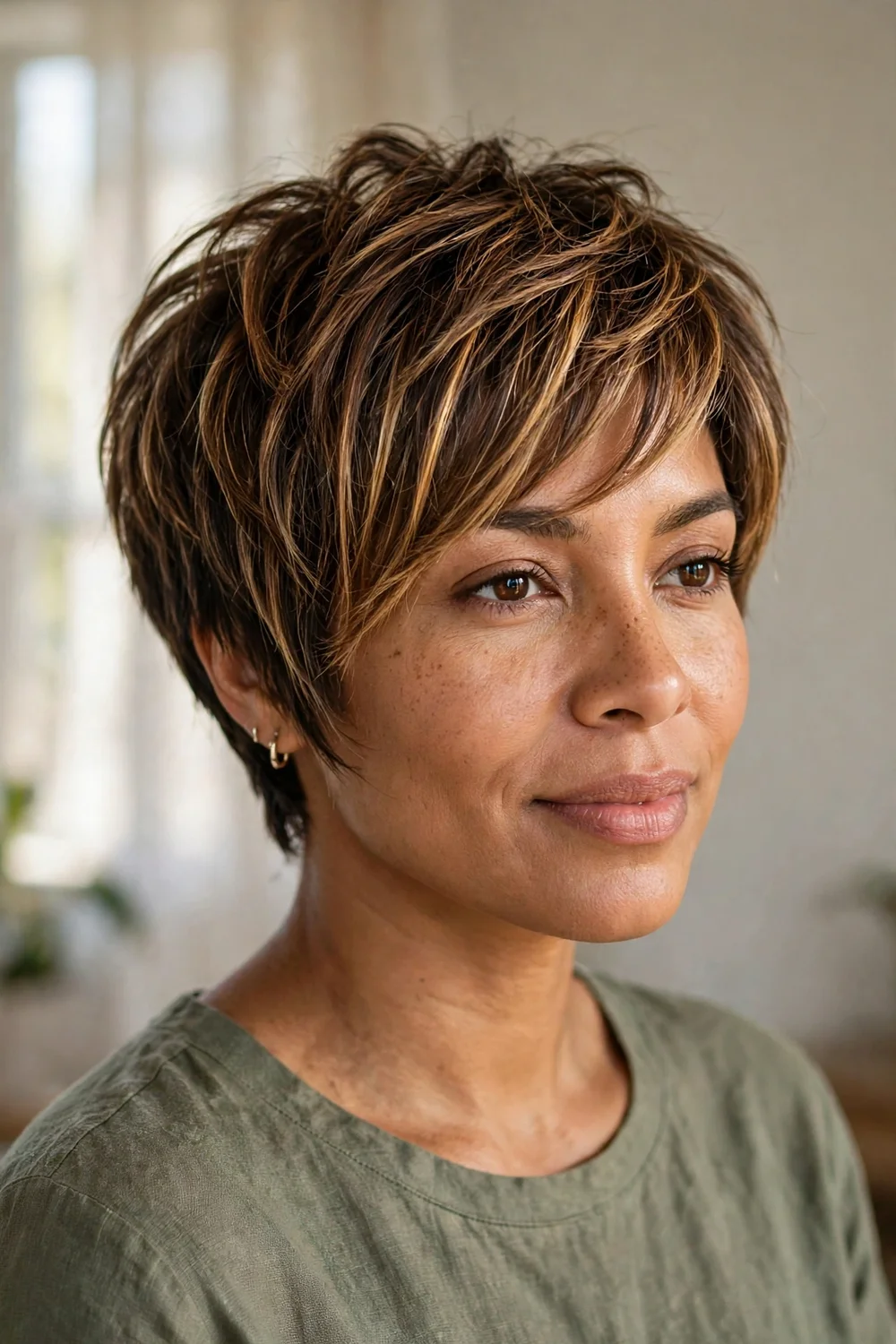 Textured pixie bob with caramel face framing highlights on brown hair