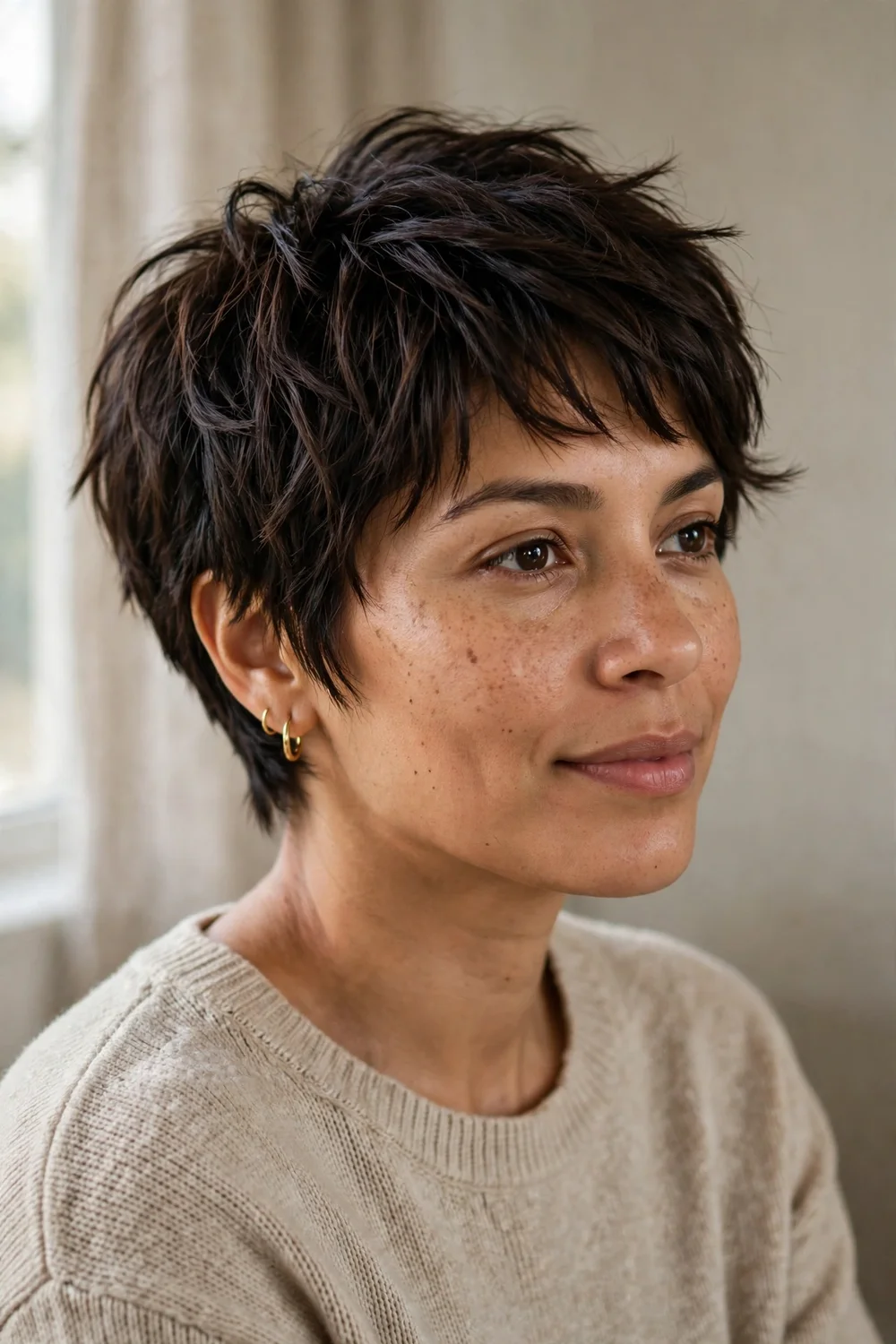 Textured pixie bob with choppy layers on fine dark brown hair