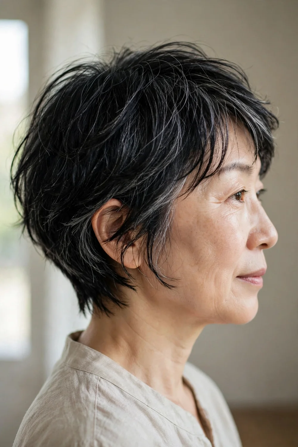 Wispy ear length pixie bob with delicate feathered face framing pieces