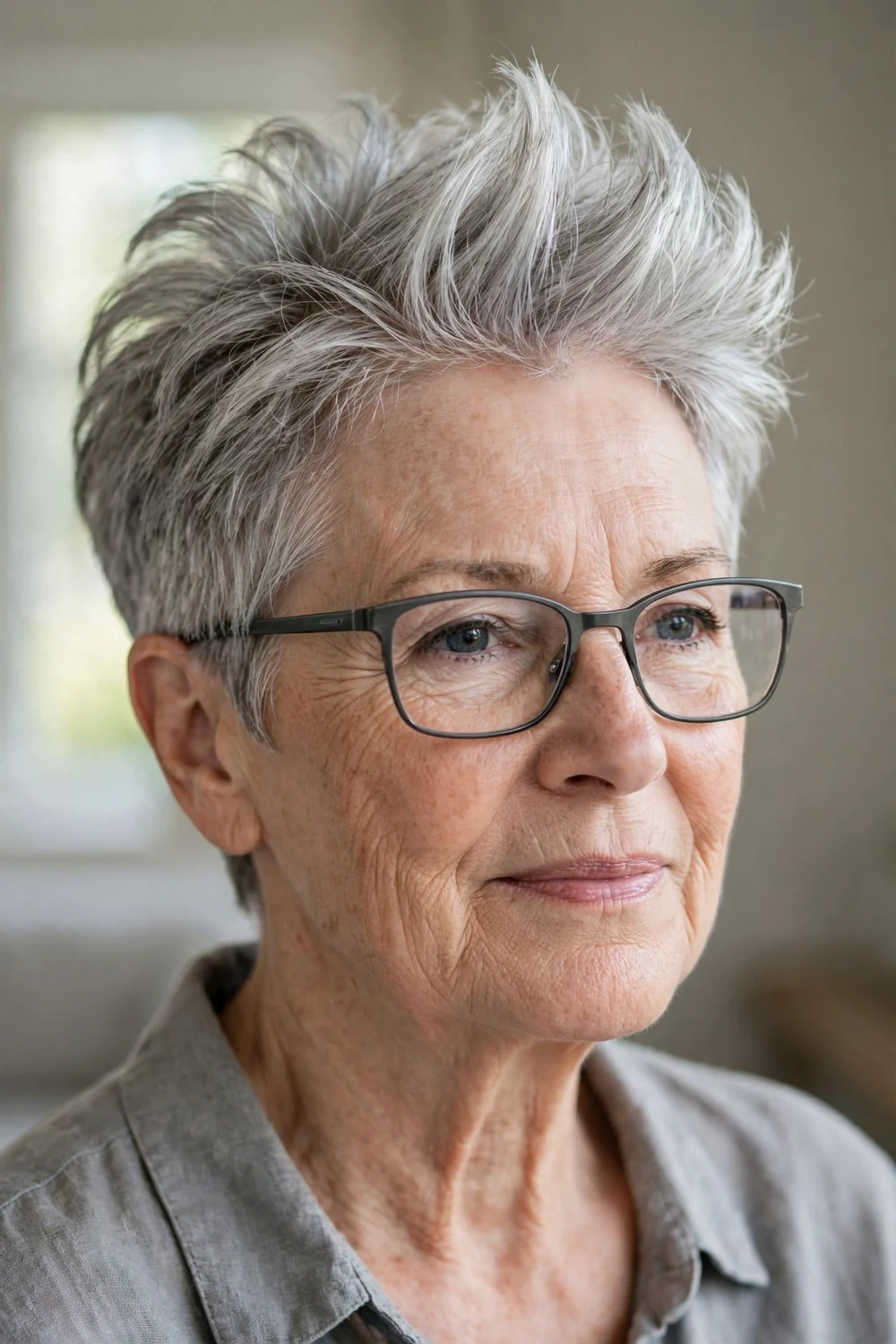 Pixie cut with crown volume on a woman over 60 wearing glasses