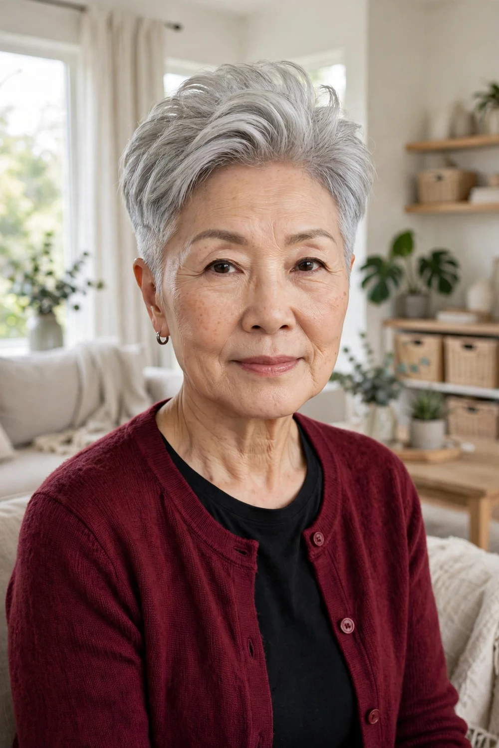 East Asian woman in her mid 60s with a silver pixie styled with volume at the crown and tapered undercut sides