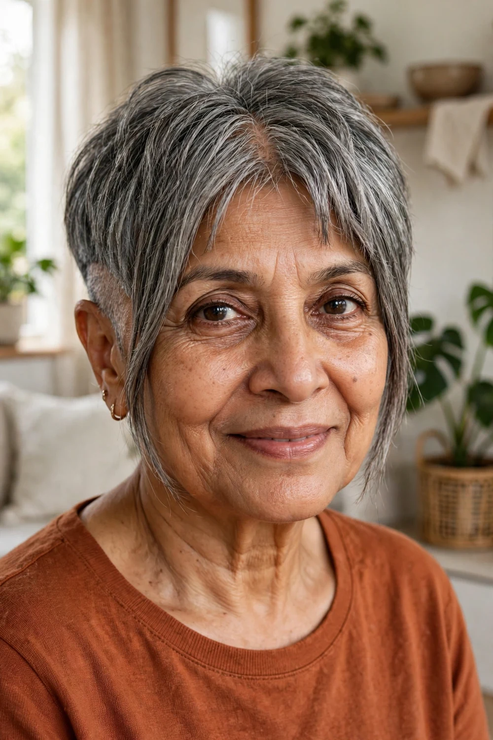 South Asian woman in her early 60s with a gray pixie with longer curtain-fringe front pieces framing her face