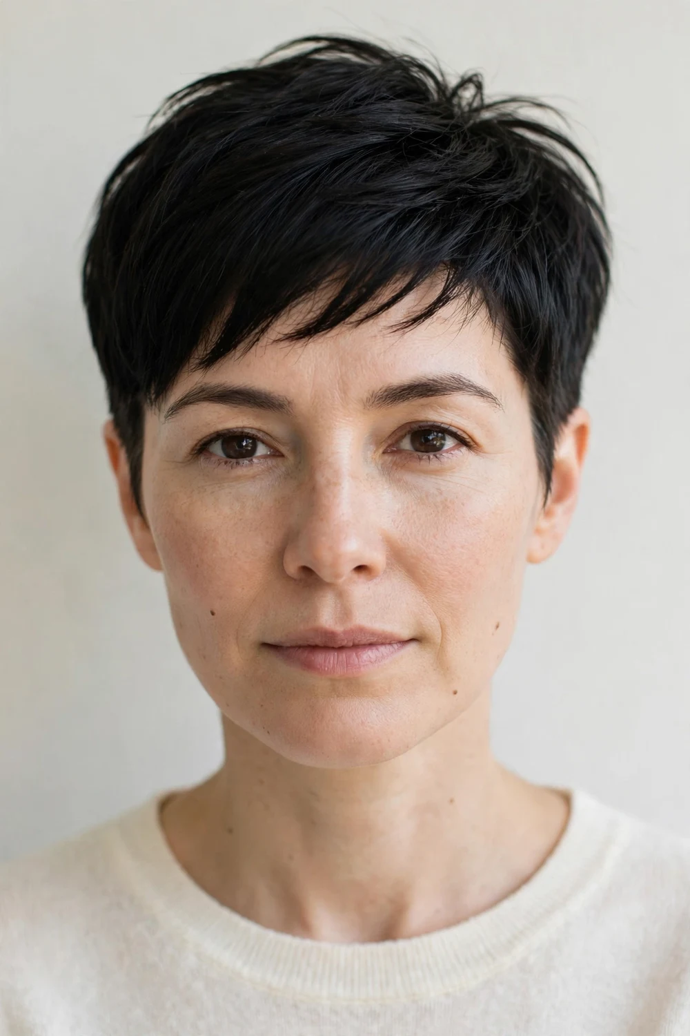 Woman with a short pixie cut on straight hair, longer textured top with tapered sides