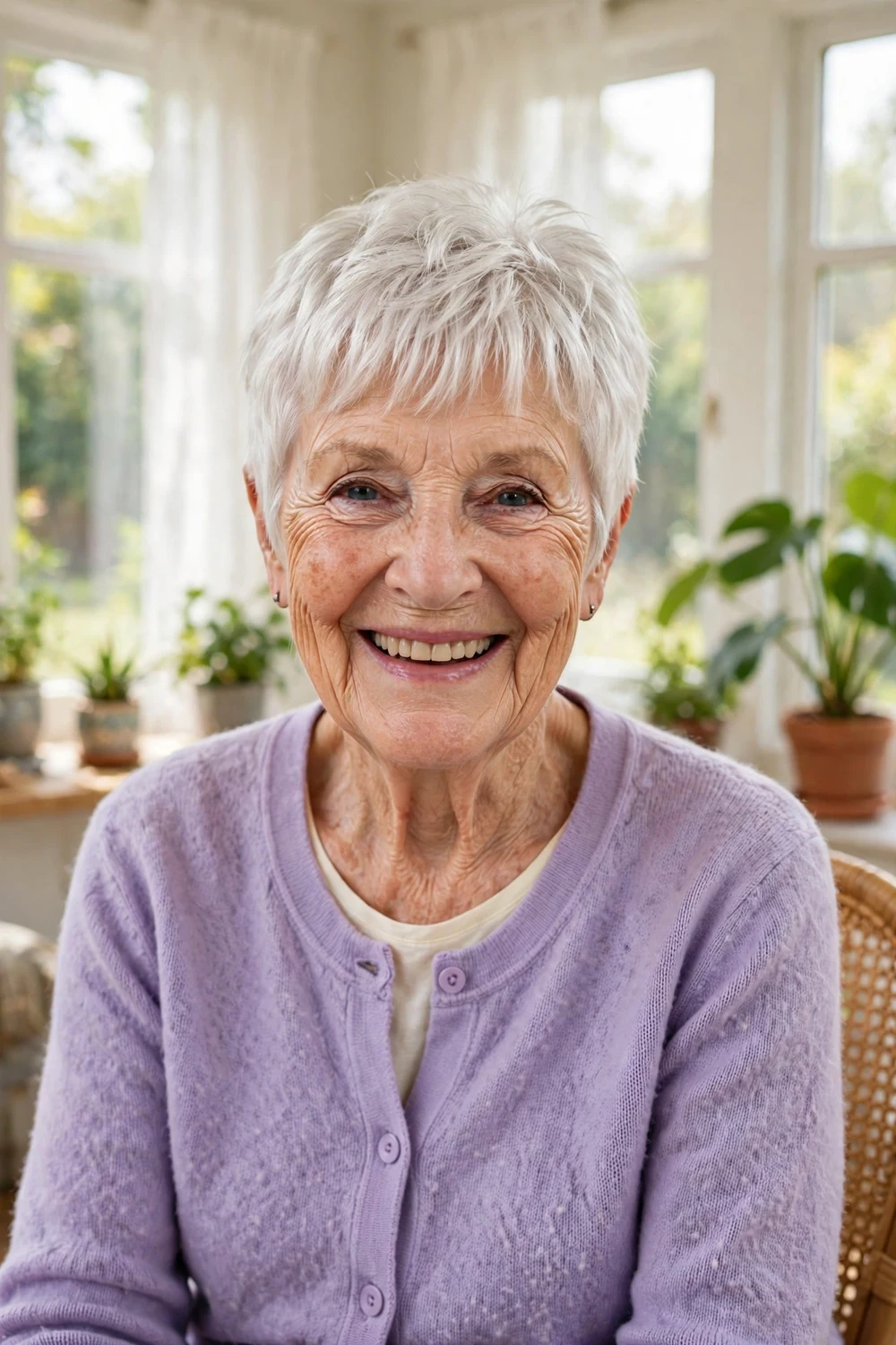 Caucasian woman in her early 70s with a white pixie cut with soft bangs