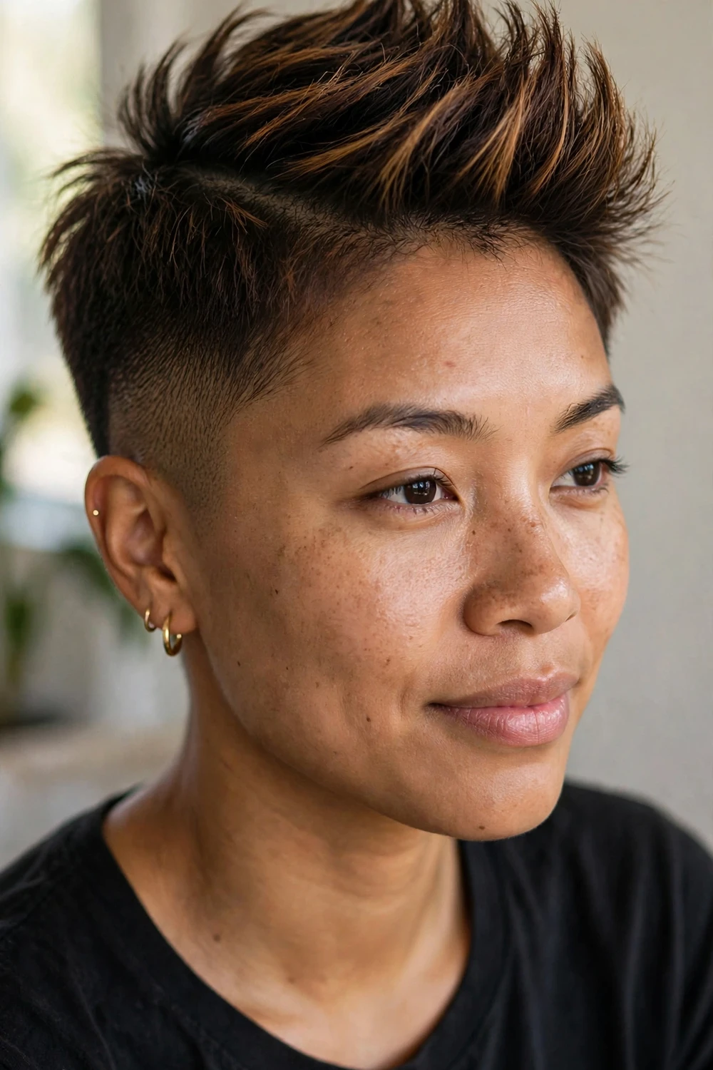 Pixie cut styled into a faux hawk shape