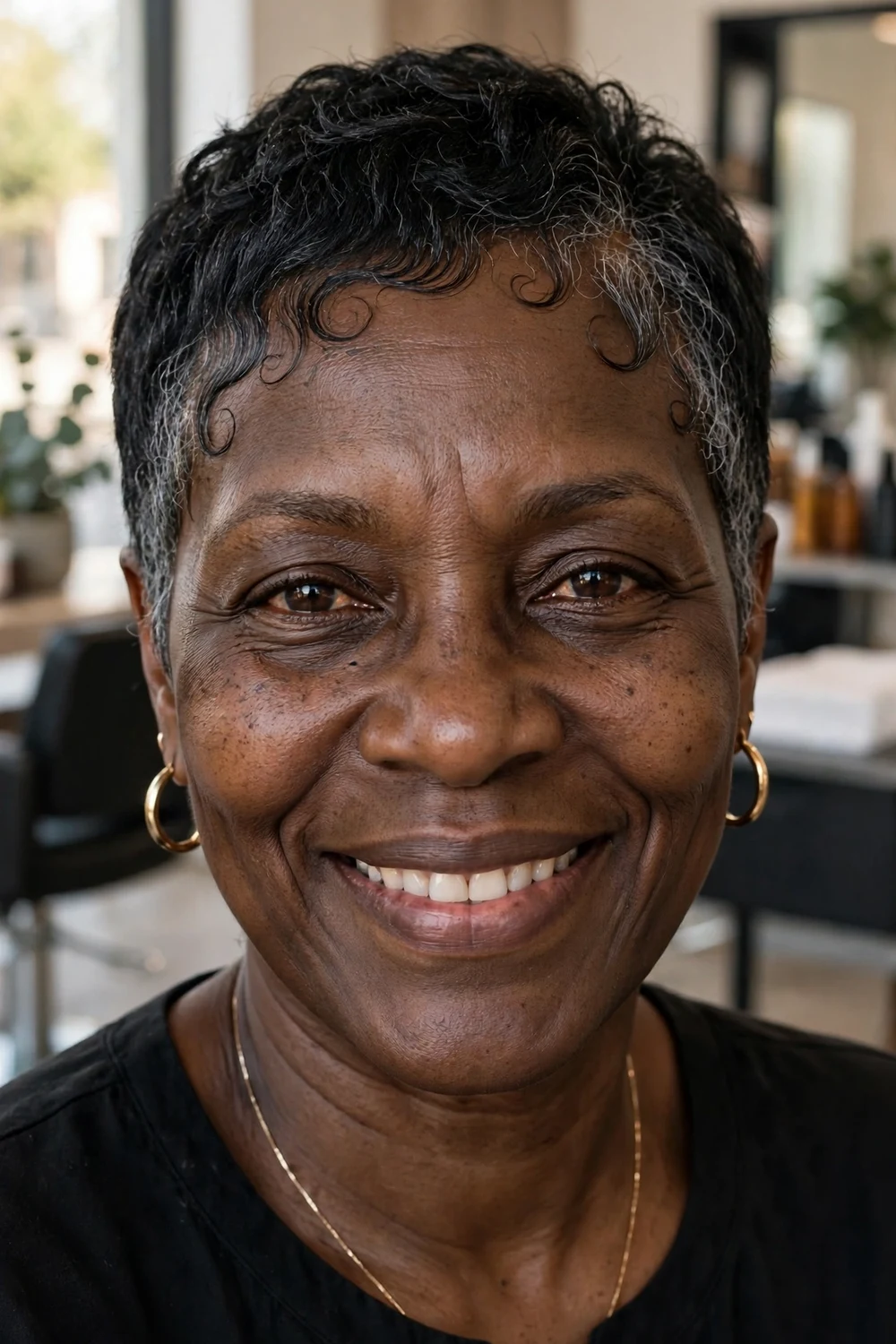 Older Black woman with a short pixie and neatly laid edges