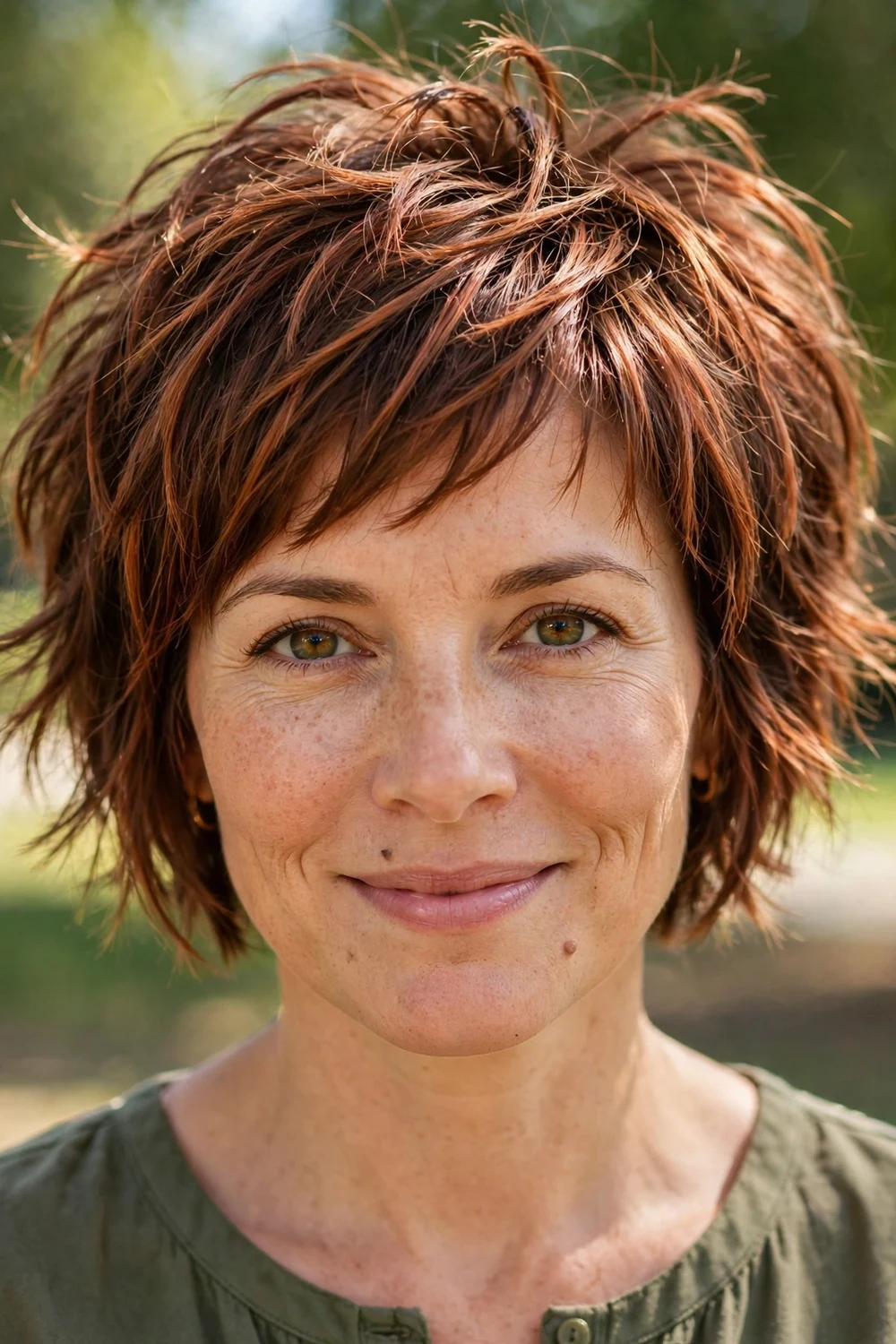 Woman with a pixie-layered micro bob haircut with short crown layers