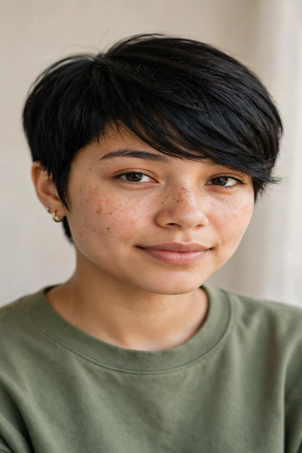 Woman with a pixie cut and long sweeping fringe