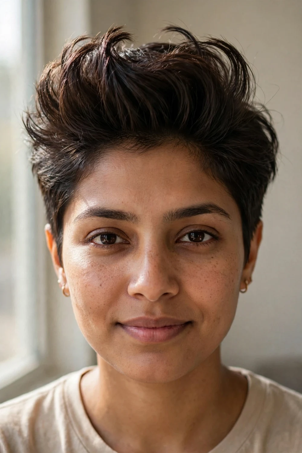 Pixie haircut with lifted quiff adding height on top