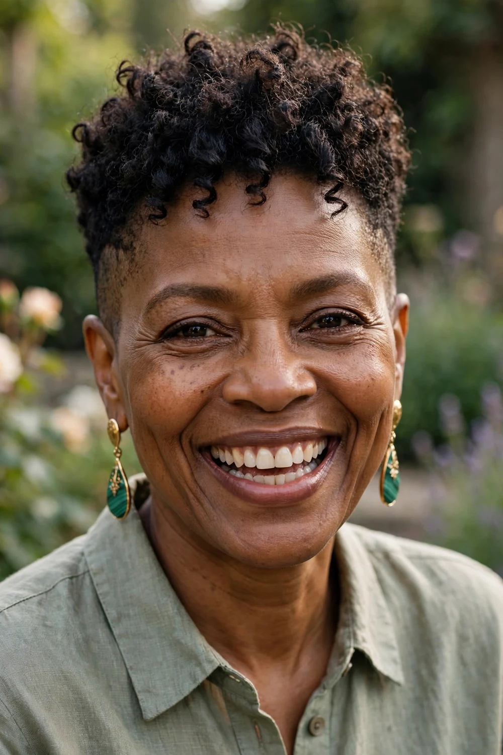 Older Black woman with a pixie with closely shaved sides