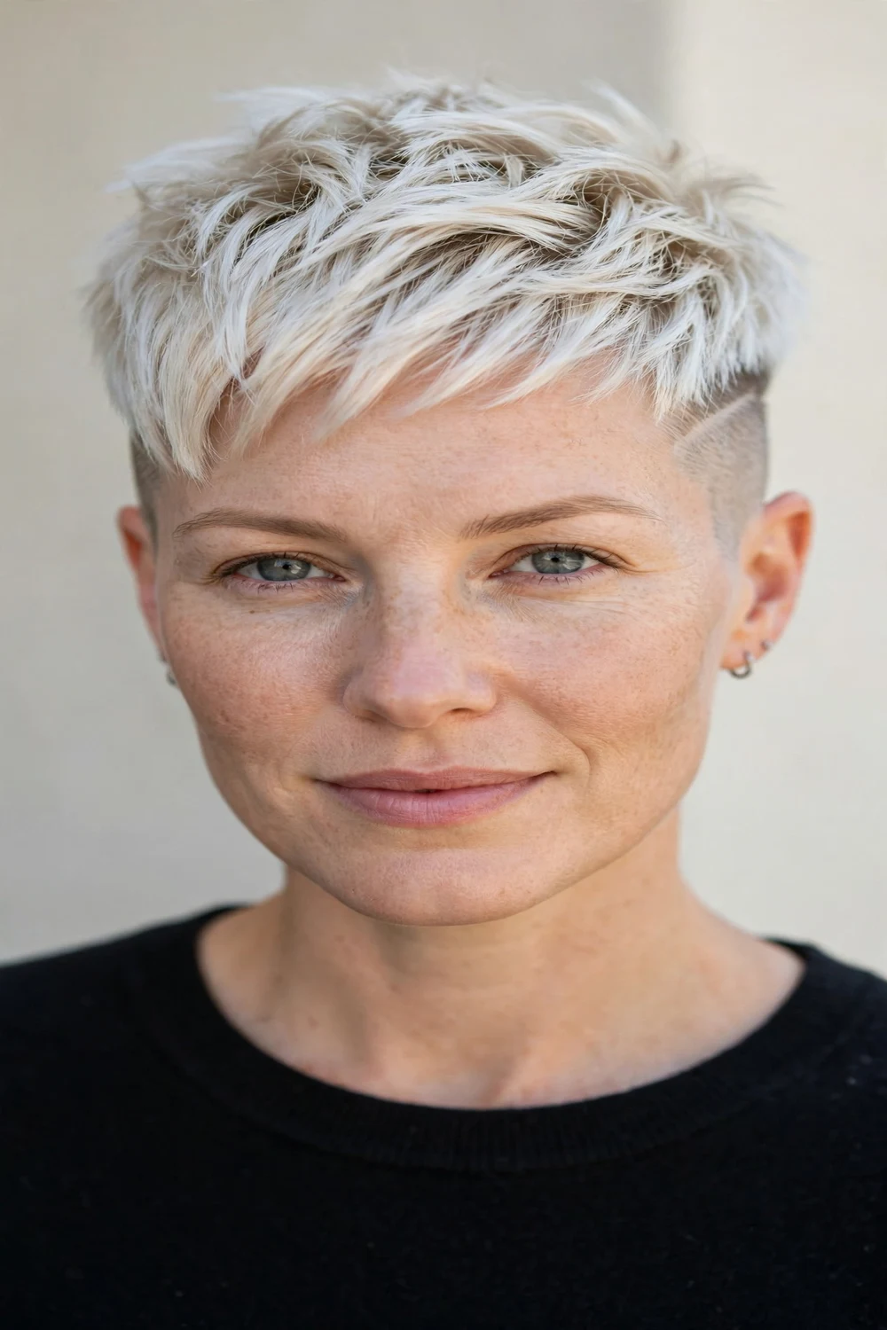 Woman with a pixie cut featuring shaved sides and longer textured top