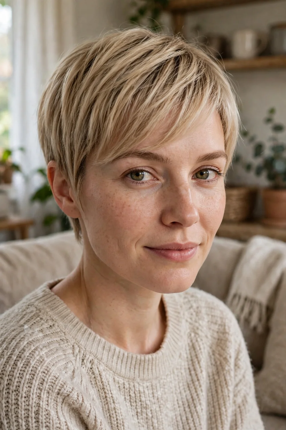 Woman with a cute pixie cut and side-swept bangs for thin hair