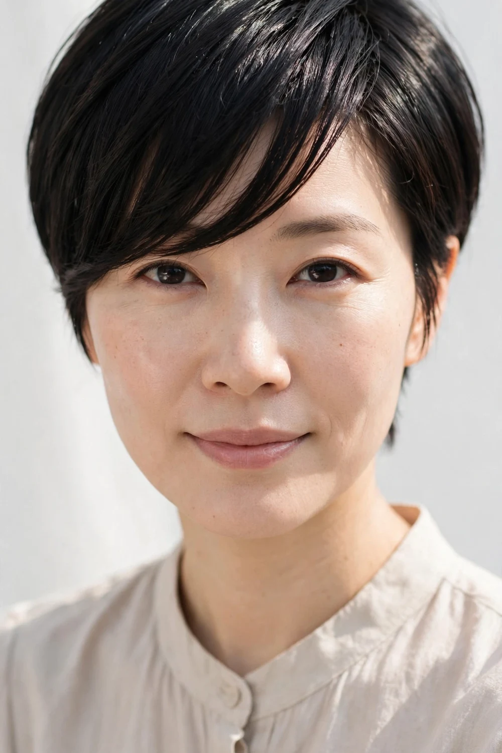 Pixie cut with side-swept bangs and crown height on a square face