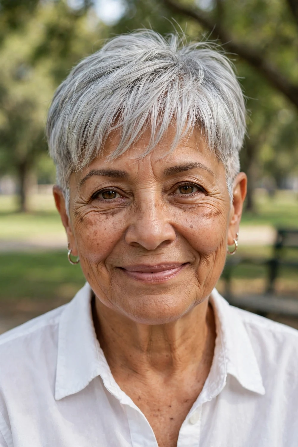Latina woman in her mid 60s with a silver pixie with wispy bangs and shaved undercut temples