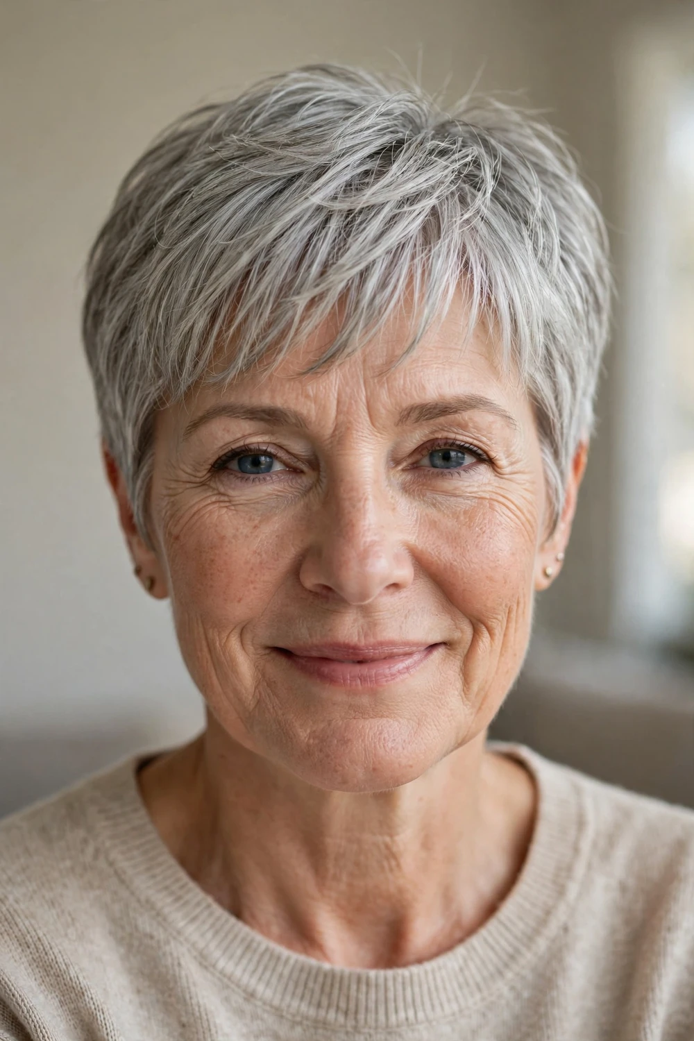 Pixie haircut paired with straight-across bangs