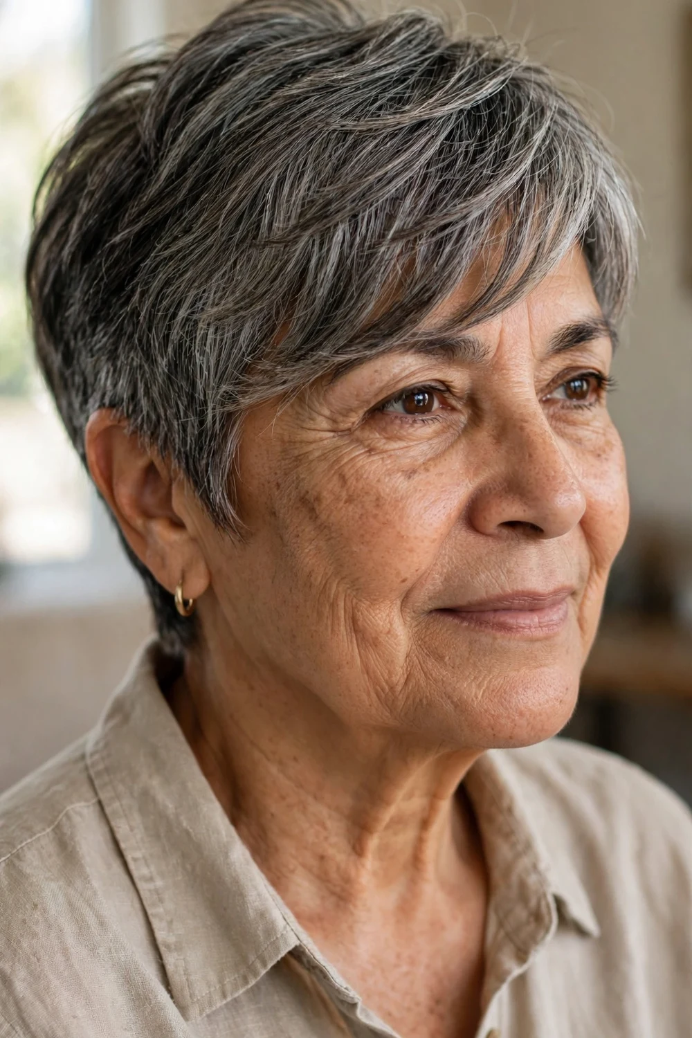 Woman over 60 with salt-and-pepper pixie cut and long side-swept bangs
