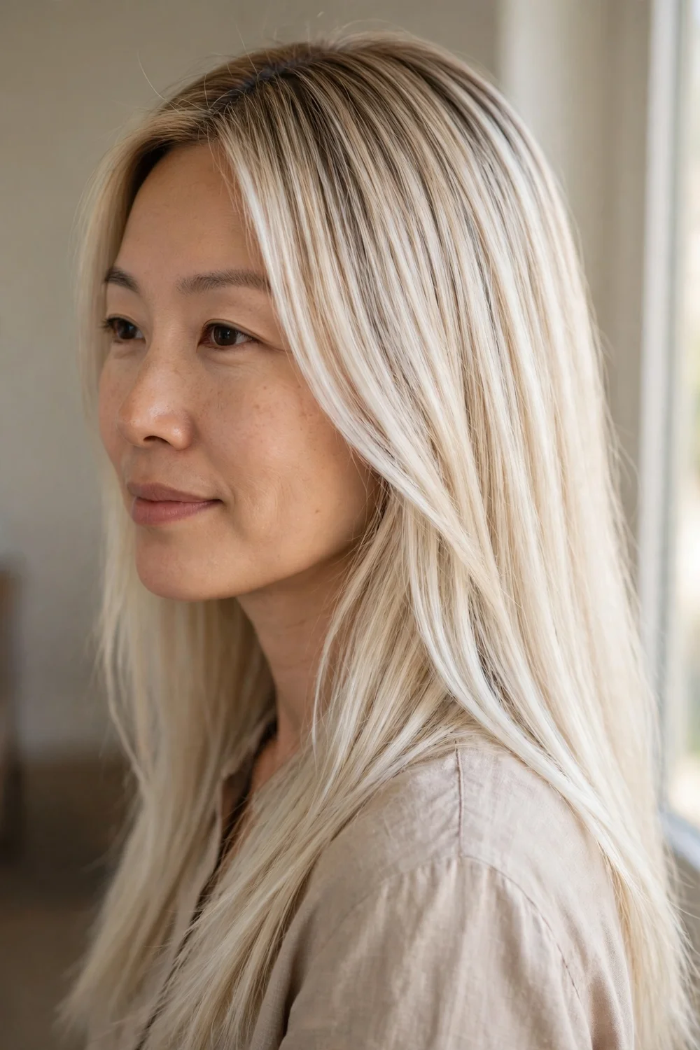 Woman with platinum blonde balayage on long straight hair