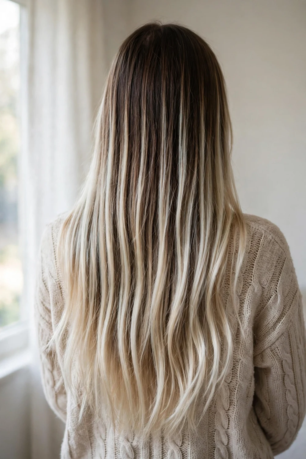 Woman with platinum blonde balayage on brown hair, bright icy pieces contrasting with dark roots