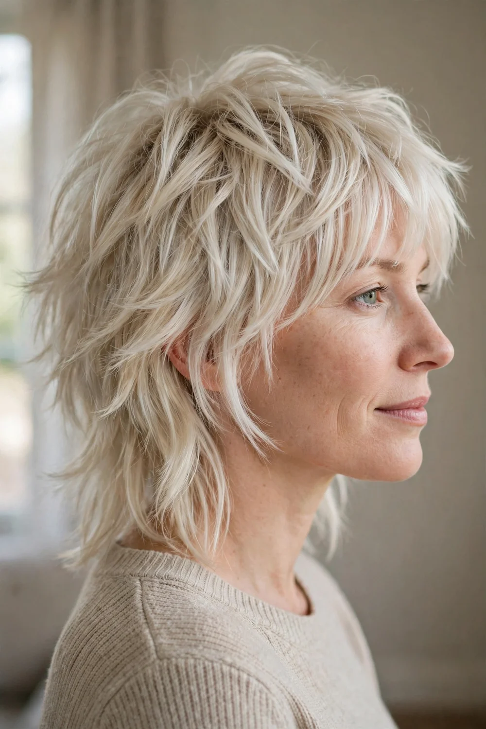 Platinum blonde wolf cut with feathered bangs on blonde medium hair