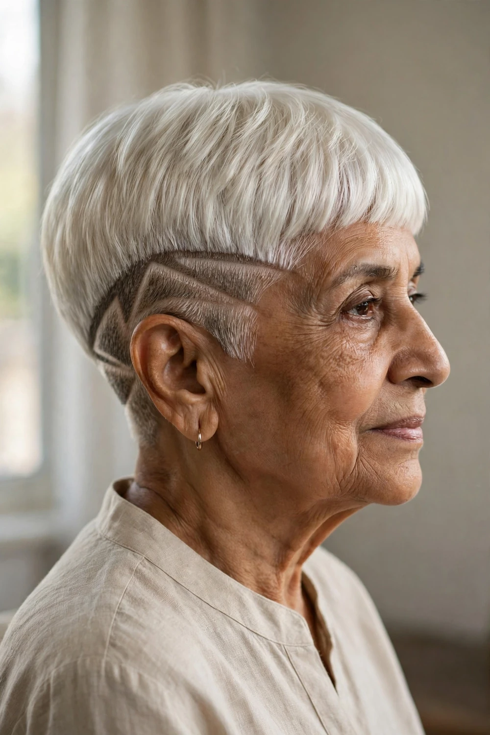 Platinum bowl pixie with geometric undercut design