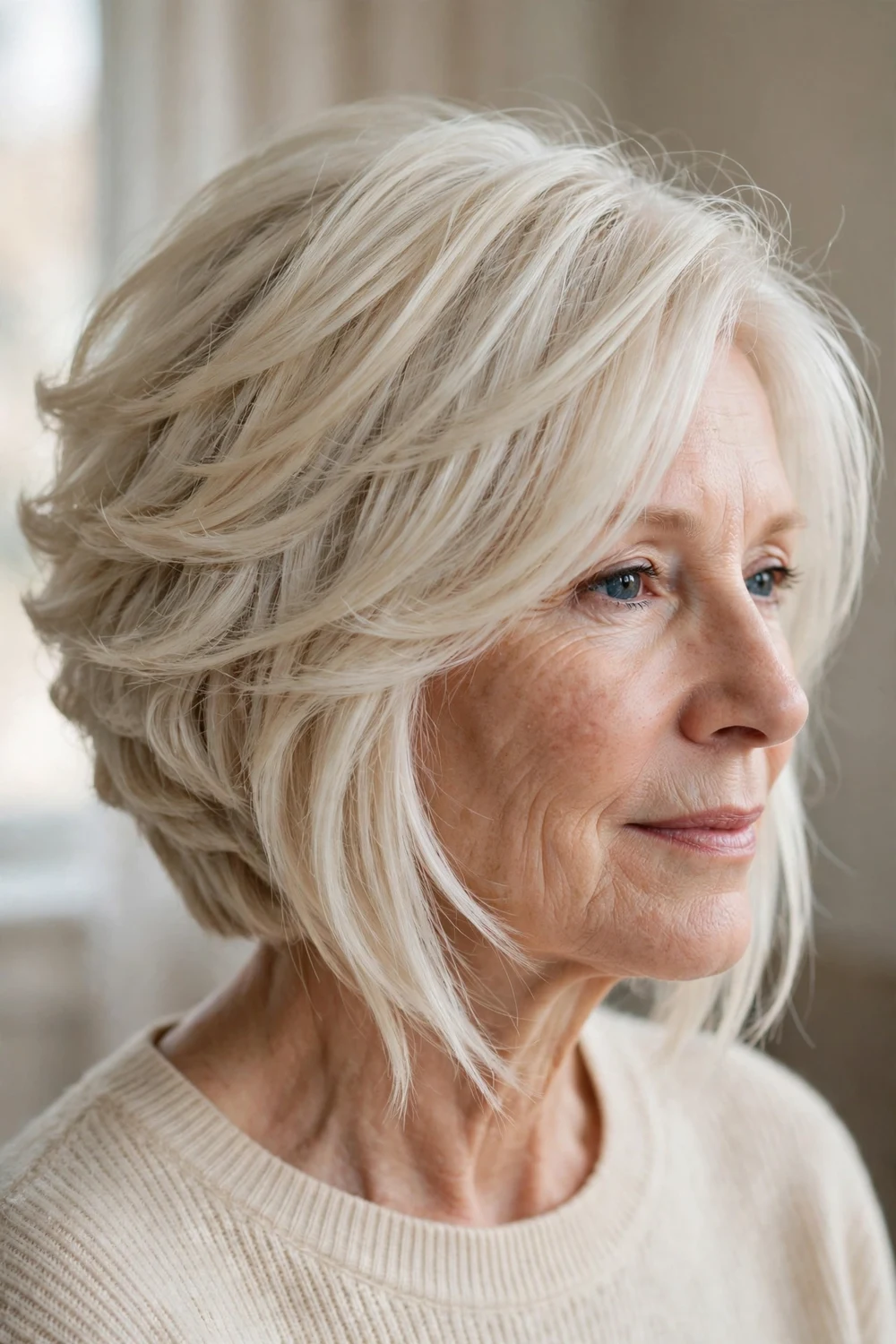 Platinum blonde stacked bob with soft feathered layers