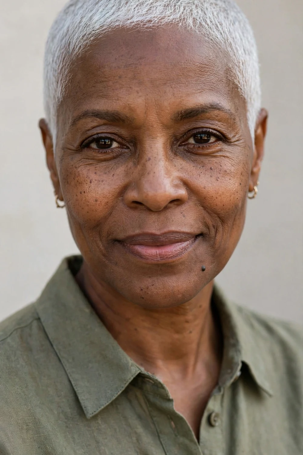 Middle-aged Black woman with a silver platinum low cut, short and even