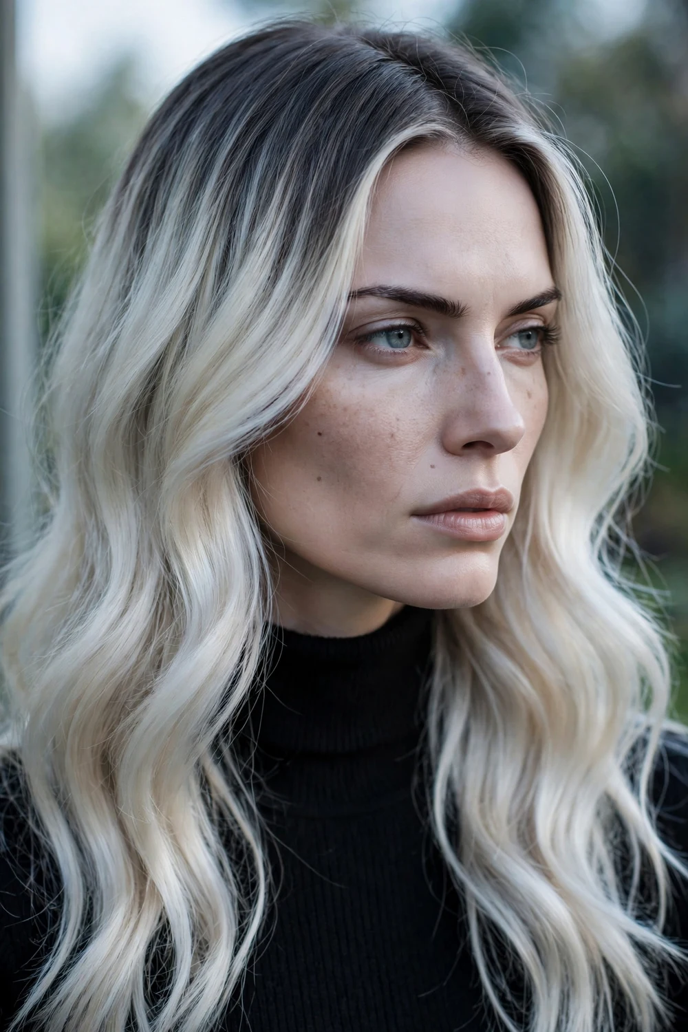 Woman with ash shadow roots melting into platinum blonde balayage ends