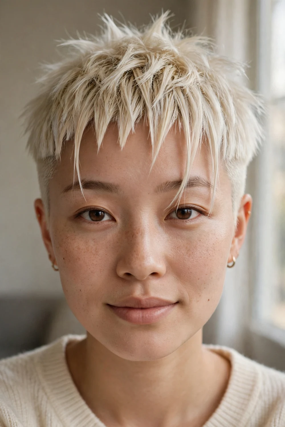 Platinum blonde choppy pixie with jagged razor-cut fringe and buzzed sides